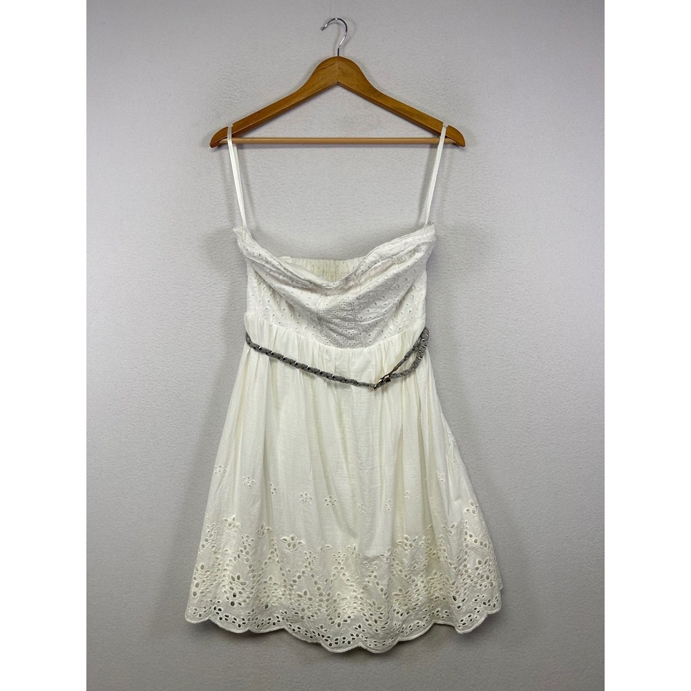Cottagecore Vanity Women LG White Eyelet Strapless Mini Dress Braided Belt NWT